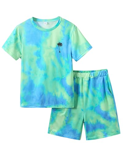 Image of Kid Toddler Baby Boys Clothes Tie-dye Palm Leaf Top 2Pcs Summer Shorts Set
