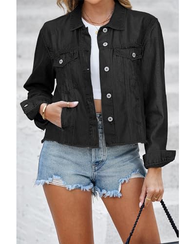 Image of luvamia Denim Jacket for Women Distressed Jean Jackets Button Up Vintage Western Trucker Jacket Frayed Hem Pockets
