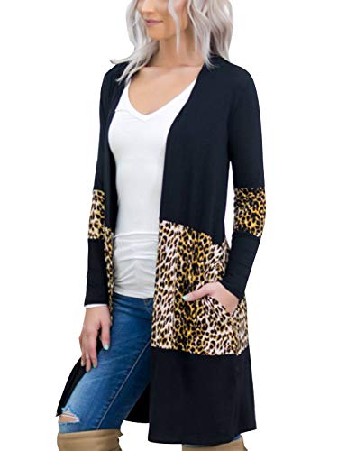 Blooming Jelly Womens Lightweight Open Front Cardigan Knit Long Sweater Leopard Pockets Knitwear (Small, Black)