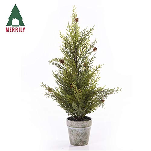 Merrily Mini Artificial Cedar Tabletop Christmas Tree With Mini Pine Cones And Plastic Pot - 18 Inches Tall #TOP4