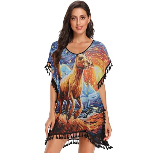Watercolor Fire Moon Cartoon Kangaroo Women's Beach Cover Up Chiffon Tassel Swimwear Swimsuit Coverups for Girl