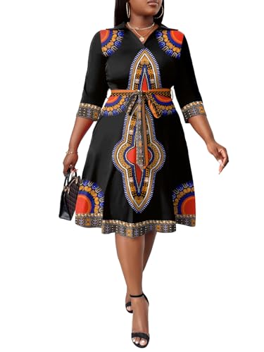 Image of FANDEE Plus Size Midi Dress for Women - Printing Summer Dresses for Wedding Guest Cocktail Party 3 /4 Sleeve V Neck(L-5XL)