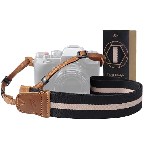 Padwa Lifestyle Black Striped Camera Strap - 1.5 Double Crazy Horse Cowhide Head Cotton Camera Straps Adjustable Neck Shoulder Universal Woven Straps for All DSLR Cameras and Photographers Gift