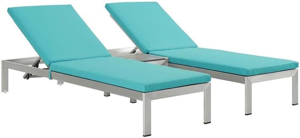 Pemberly Row 3-Piece Modern Aluminum Patio Chaise Lounge Set, Adjustable Recliner with Breathable Textilene Mesh, Silver Frame, Turquoise Cushions, Machine Washable Covers, Outdoor Lounge Chair Set