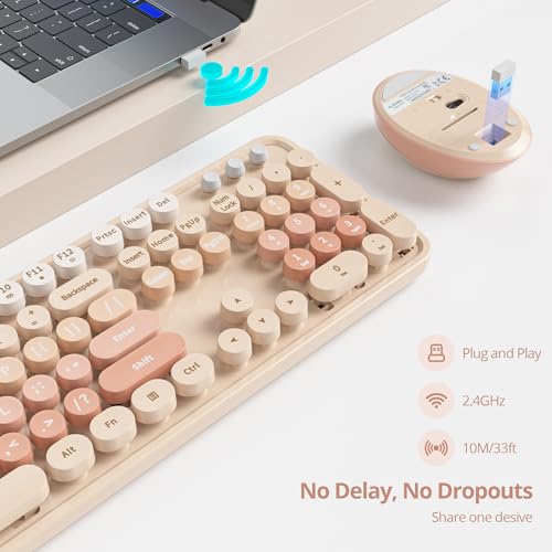 Image of GTSP Colorful Brown Wireless Keyboard and Mouse Combo, Retro Wireless Typewriter Full-Size Cute Office Keyboard 2.4GHz with Round Keycaps for Desktop Laptop and PC (Cute Brown)