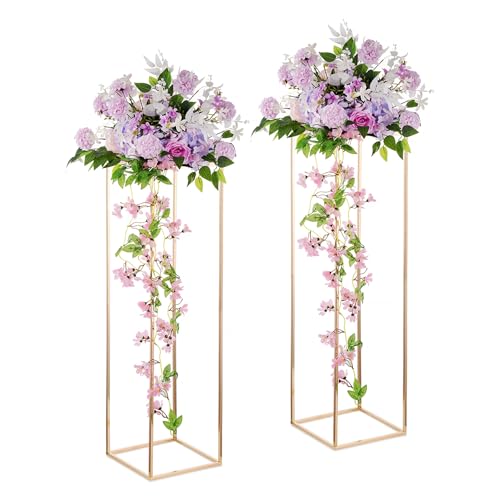 Inweder Support de Fleurs Centres de Mariage - 2 Pcs Or Colonne Vases avec Panneau en Métal 100cm Grand Vase de Plancher Géométrique Fleur Présentoir pour Centre de...