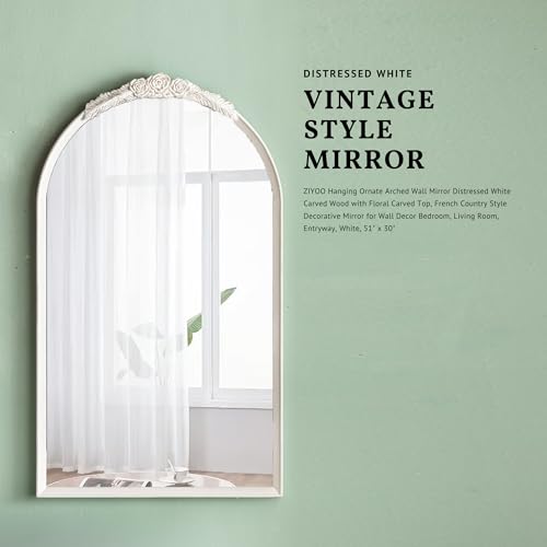 ZIYOO Vintage Arched Floor Or Wall Mirror Distressed White Carved Wood with Floral Carved Top, French Country Style Decorative Mirror for Wall Decor Bedroom, Living Room, Entryway, White, 51" x 30"