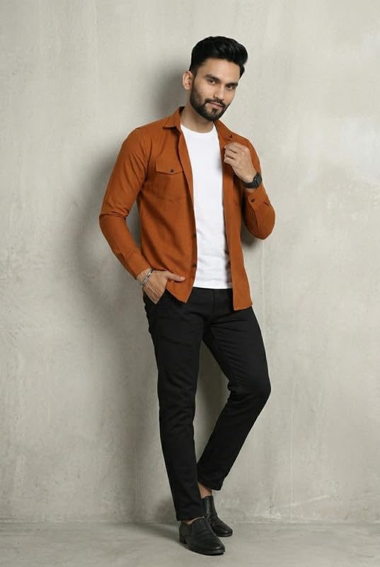 Image of DEELMO Men Solid Slim Fit Casual Overshirt Style Shirt | Full Sleeve Button-Down Layering Shirt Smart Casual Look