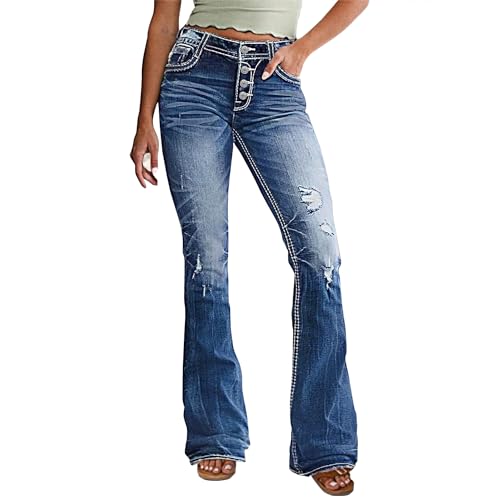 Women's Mid Wasited Flare Ripped Stretchy Jeans Bootcut Slim Button Fly Y2K Bell Bottom Denim Pants