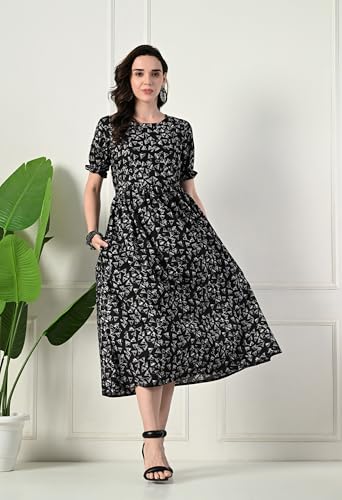 Image of Ichaa Women's Blue Cotton Printed Maternity Dress with Feeding Zips and Pocket| in Plus Sizes