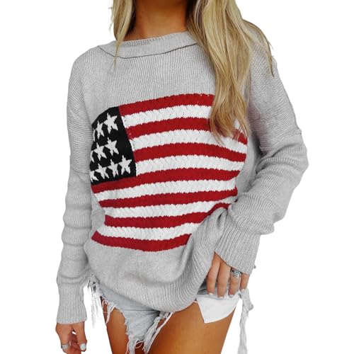 American Flag Sweater for Women Long Sleeve Hollow Out Knit Pullover Casual Loose 4th of July Jumper Tops