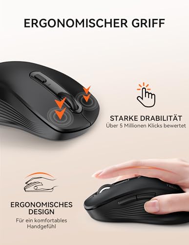 TECKNET Bluetooth Maus, Maus Kabellos (Tri-Modus: BT 5.0/3.0+2.4G) 4800 DPI Leise Mouse, Funkmaus mit USB-A Empfänger, 6 Tasten, Ergonomische Tragbare Mouse für PC/Laptop/Mac/Tablet, Schwarz 6