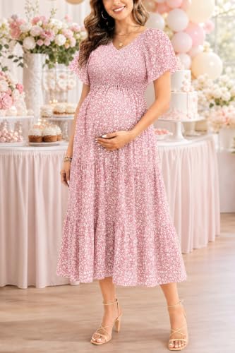 Image of Pinup Fashion Maternity Summer Dress Baby Shower Easter Pregnancy A-Line | Smocked V-neck, flutter sleeves, breathable floral fabric, bump friendly, perfect for photoshoot, spring casual,postpartum