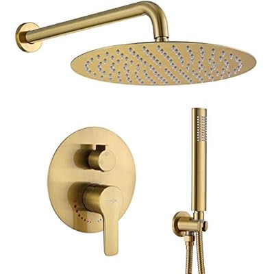 Shower System, Brushed Gold Shower Faucet Set Contain High Pressure 12 inch Round Rain Shower Head with Handheld, Wall Mounted Golden Brush Rainfall Shower Mixer Combo Set for Bathroom