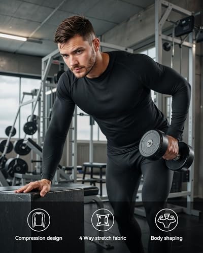3 Pack Men's Compression Shirts Long Sleeve Athletic Base Layer Running Top UV Sun Protection Outdoor Work Out Shirts Black S2