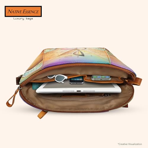 NATIVE ESSENCE Genuine Leather Golden Brown Musical Hand Painted Leather Sling Bag Purse Handbag for Women, Brown