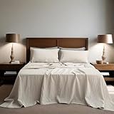 Simple&Opulence 100% Linen Sheets Queen Size Set, 4 Pcs Natural French Linen Bed Sheets, Breathable Soft Durable Bedding Set for All Season (Linen, Queen)