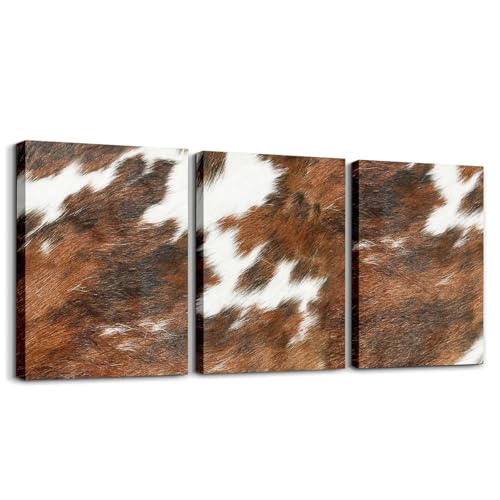 Cow Fur Printed Canvas Wall Art 3 Piece 12' x 16' Kids Cowhide Pattern Office Wall Decorations Artwork Posters Farmhouse Picture Wall Decor Western Farm Animal Skin Brown Wall Painting（Not Real Fur）