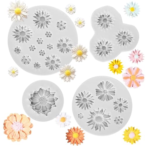 Moule en Silicone Marjoramy 4 Pièces Daisy, Silicone de Qualité Supérieure, Moule à Gâteau, Fondant, Chocolat, Dessert, Décoration de Pâtisserie, Gris Clair