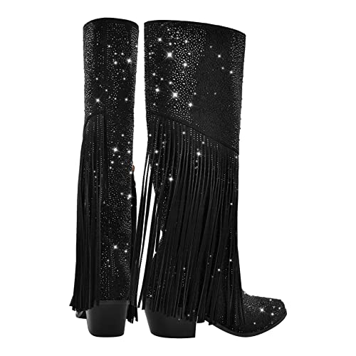 Richealnana Calf High Knee High Boots for Women Sparkle Rhinestones Clear Gems Shining Comfortable Tabs Pull-On Boots Fringe Tassel3