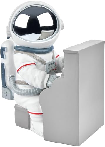Brubaker Figura Decorativa Astronauta Pianista - 16 cm Statua Spaziale con Pianoforte ed Elmetto Cromato - Statua Spaziale Moderna per Musicisti Dipinta a Mano – Argento e Bianco
