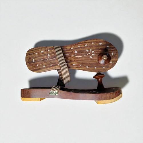 Image of Lakdi /Wooden Khadau Slippers with Floral Design, Sheesham Wood, Rubber Sole, for Mandir and Pujan, UK Size 7-8