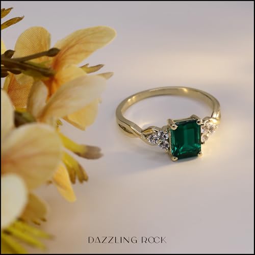 Dazzlingrock Collection 8x6mm Emerald Shape Lab Created Emerald & Round Lab Created White Sapphire Crisscross Shank Engagement Ring for Women in 10K Solid Gold4