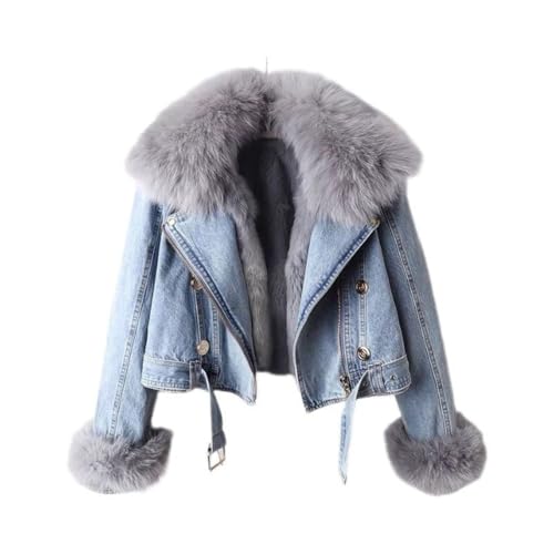FM2018XSL Veste en Jean Hiver Femme avec Doublure Amovible en Fausse Fourrure Manteau d'Hiver Court Chaude Veste Parka (FR/ES, Alpha/lettres, S, Taille...