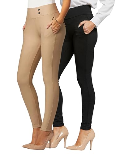 Conceited 2-Pack Stretch Slacks for Women - Wear to Work - Slim Leg Dress Pants with Pockets - Practically Posh, Khaki - (X-Large)