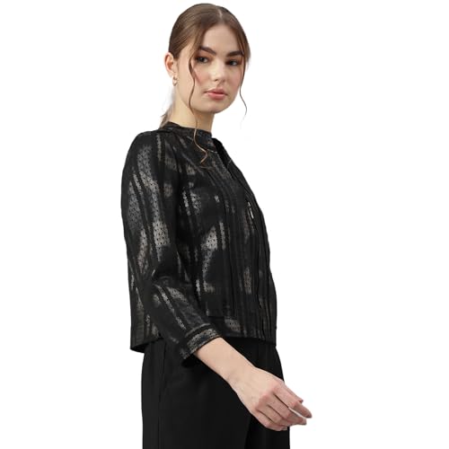 Image of Latin Quarters Women Black Mandarin Collar Long Sleeves Printed Jacket for Casual Wear