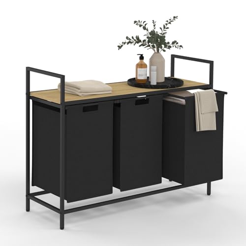IDMarket - Panier à Linge 3 bacs Detroit Tissu Noir Design Industriel
