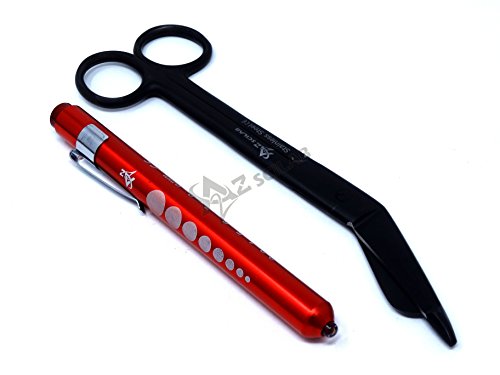 Heavy Duty Reusable Penlight + Tactical All Black Nurse Doctor Medical Lister Bandage Scissors Shears (A2ZSCILAB) (Red + Black Bandage Scissors 7.25
