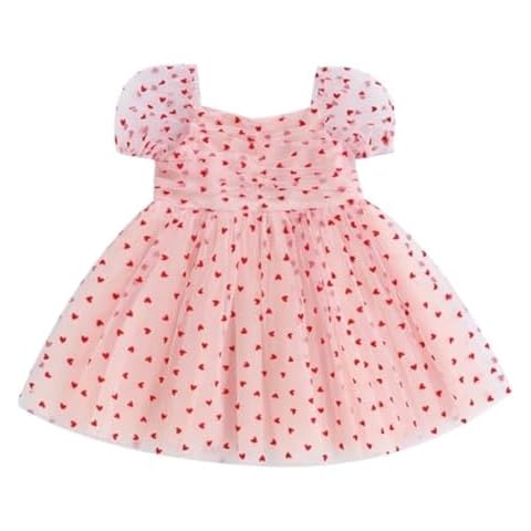 Sister Matching Clothes Baby Girls Valentines Day Romper Dress Heart Print Puff Sleeve Tulle Dress Birthday Outfits (Pink C,6-12 Months) Cover