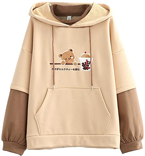 YINGKE Damen Hoodie Kawaii Harajuku Stil Japanischer Bär Stickerei Druck Langarm Hoodie Mädchen Damen Pullover(XS,Beige)