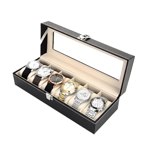 Porta Relógios Premium 6 Espaços – Couro Sintético, Forro Aveludado Anti-Riscos, Tampa de Vidro Transparente, Fecho Metálico – Caixa Organizadora Elegante para Coleção