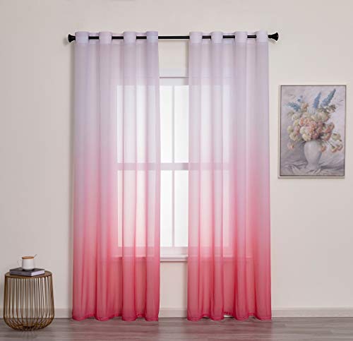 Liteluxe Ombre Semi Sheer Curtain White-Pink Gradient Curtains for Kids and Girls Bedroom and Living Room Curtains, Grommet Top Window Curtain 2 Panels, 54 x 84 Inches Long
