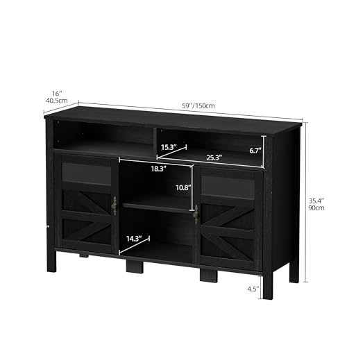 DWVO 55'' Farmhouse Buffet Cabinet with Storage, Large Sideboard Cabinet with 2 Doors & Open Storage, Versatile Coffee Bar Table for Kitchen & Living Room (Black)