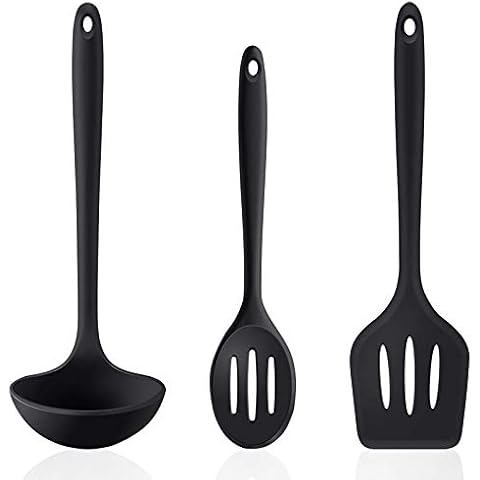 Silicone Kitchen Utensils Set for Cooking, 3 Pieces Nonstick Ladle, Slotted Spoon and Slotted Turner, Durable Cooking Utensils for Frying, Serving, Baking… Cover