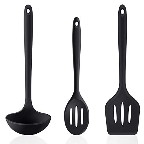 Silicone Kitchen Utensils Set for Cooking, 3 Pieces Nonstick Ladle, Slotted Spoon and Slotted Turner, Durable Cooking Utensils for Frying, Serving, Baking…