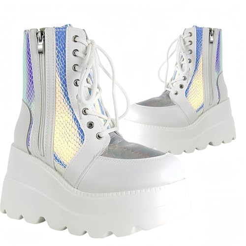 Image of Womens Goth Platform Boots Chunky High Heel Booties Round Toe Combat Ankle Boots Womens Lace Up Motorcycle Wedges Shoes