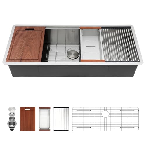 Sarlai 45-inch Undermount Workstation Kitchen Sink - 45x19 Inch Undermount Sink Ledge Workstation Deep Single Bowl 16 Gauge Stainless Steel Under Counter Extra Large Kitchen Sinks Basin