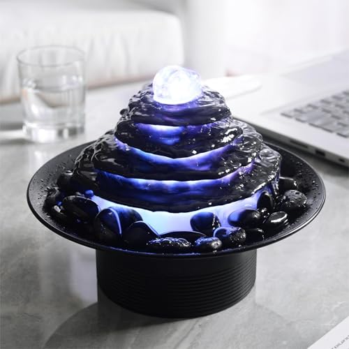Home Décor Stone Flake Waterfall Tabletop Fountain 4-Layer Black Cobblestone Changing Color Led Glass Rotating Ball Water Sound Gift(23146)