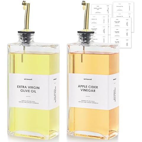 Olive Oil Dispenser For Kitchen, Glass Oil Bottle 500ML Oil And Vinegar Dispenser Set Of 2, Cooking Oil Dispenser With 2 Stainless Steel Pourers & 44 Labels, Soy Sauce Dispenser, Coffee Syrup Bottles Cover