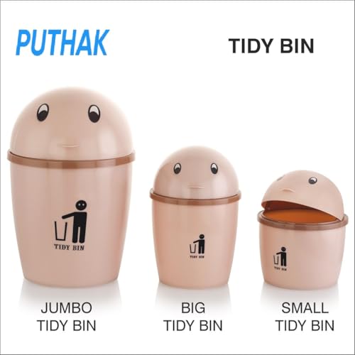 Image of Mini Desktop Trash Can with Swing Lid - Stylish Plastic Wastebasket for Office, Kitchen, Tabletop & Countertop | Small Round Garbage Bin (Small)