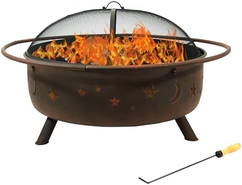 Sunnydaze Cosmic 42-Inch Large Outdoor Fire Pit - Wood-Burning Fire Pit with Round Spark Screen, Poker, and Built-in Grate