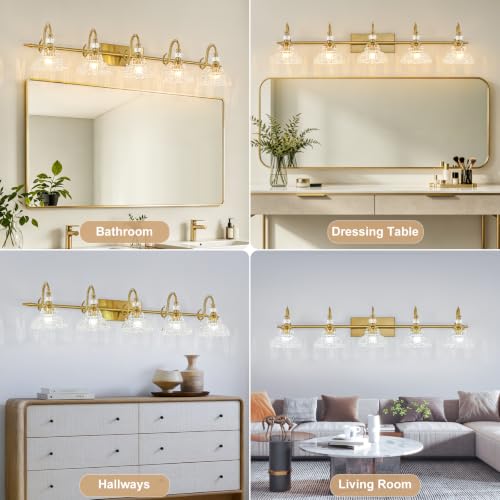 Image of Vintage Bathroom Vanity Light, 5-Light Brushed Gold Finish Wall Sconce with Hanging Crystal Accents and Flower-Shaped Clear Glass Shades, Retro Wall Mount Vanity Light Over Mirror for Bathroom