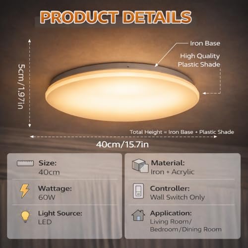HUA QIANG WANG 40cm Round LED Ceiling Light, Ultra-thin Flush Mount, Warm White, for Medium-Sized Rooms, Living Rooms, Kitchens | Non-Dimmable, Plastic Shade