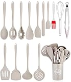 Küchenhelfer Set(Erdgelb),15 Stück Kochutensilien Kochgeschirr,Kochlöffel Set Silikon,Hitzebeständiger Antihaft Kochset mit Utensilienhalter,Spülmaschinenfest