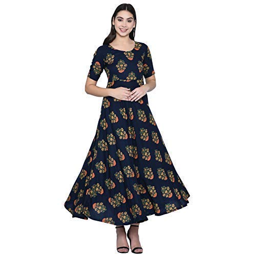 VGANG Women Rayon Royal Blue Printed Anarkali Kurta (Small to 7XL)