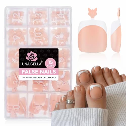 Image of UNA GELLA Nude French Press On Toenails for Women, 180Pcs Square Round Toe Nail Press Ons, 15 Sizes Full Cover Fake Squavol Soft Gel Toenails Extension Acrylic for Home DIY Salon Pedicure